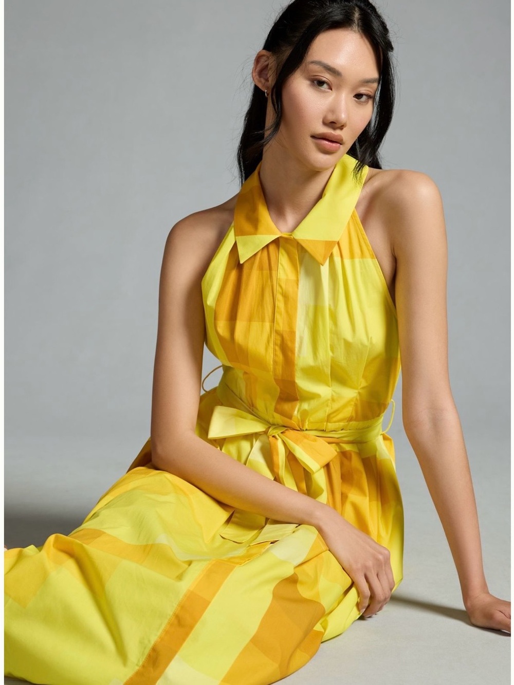Yellow Halter Collared Maxi Dress with Waist Tie